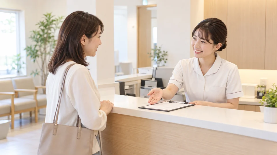 クリニックの受付で案内を受けるイメージ